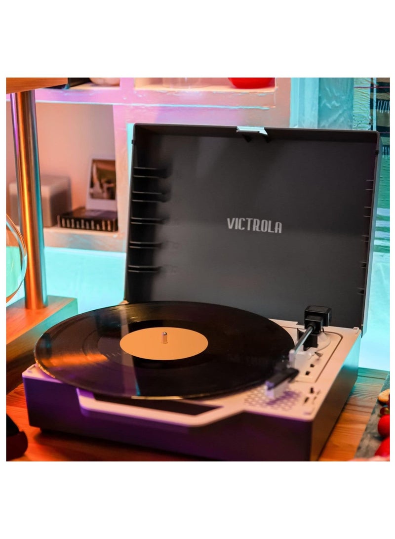 Victrola Re-Spin Sustainable Suitcase Record Player with Built in Bluetooth Speakers 3 Speed Belt Driven Turntable Built-in Bass Radiator 3.5mm Headphone Jack Graphite Grey