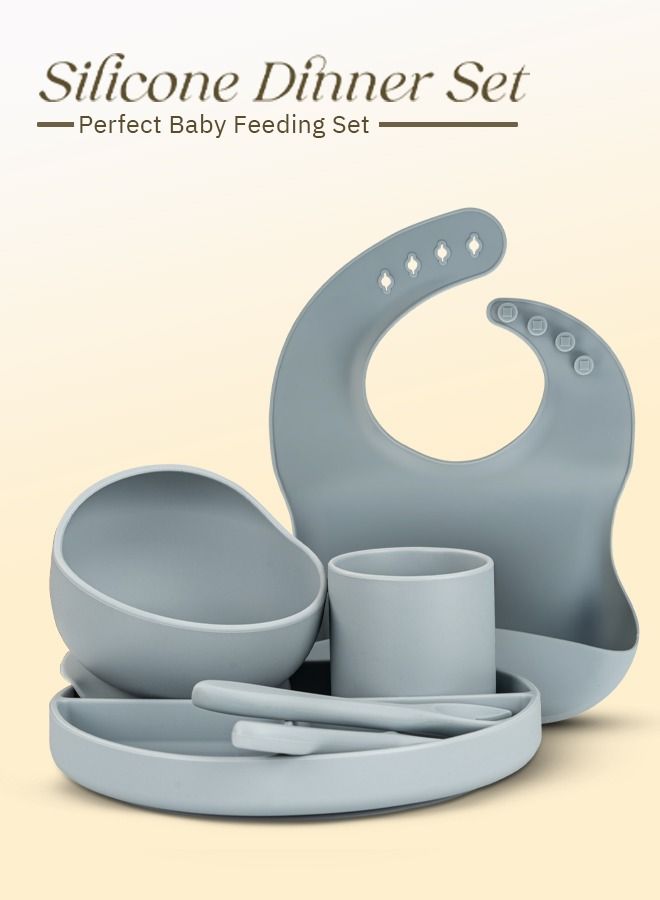 Baybee Silicone Baby Feeding Set of 6 Pcs Tableware Kit for Toddler Kids BPA Free Self Eating Utensils Dishwasher Food Grade Suction Bowl Divided Plate with Adjustable Feeding Bib/ Cup/ Spoon (Grey)