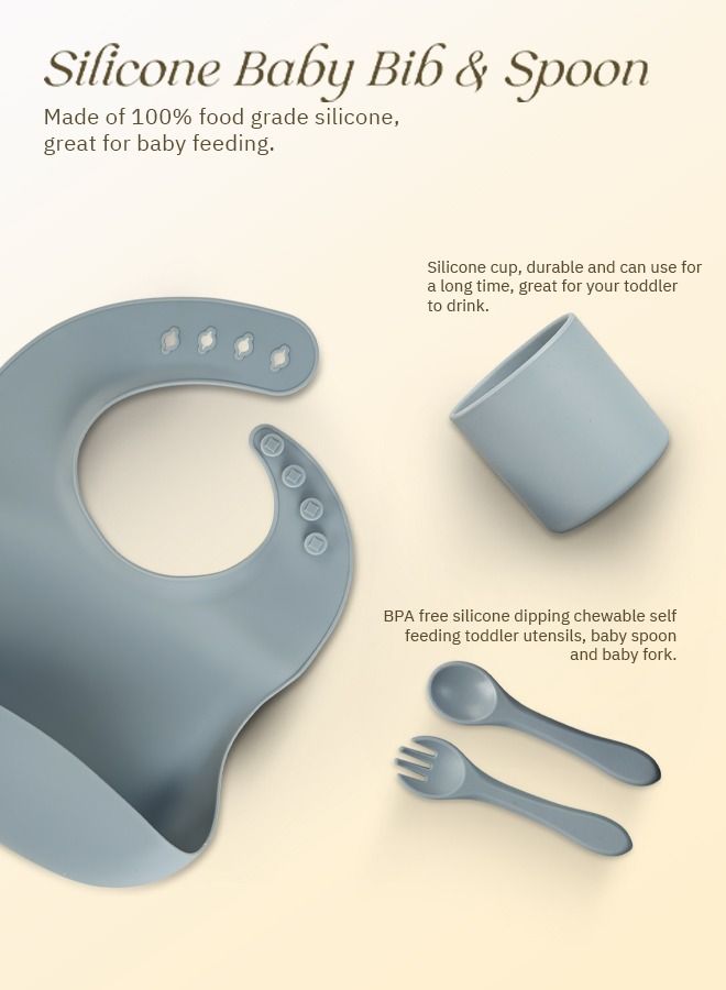 Baybee Silicone Baby Feeding Set of 6 Pcs Tableware Kit for Toddler Kids BPA Free Self Eating Utensils Dishwasher Food Grade Suction Bowl Divided Plate with Adjustable Feeding Bib/ Cup/ Spoon (Grey)