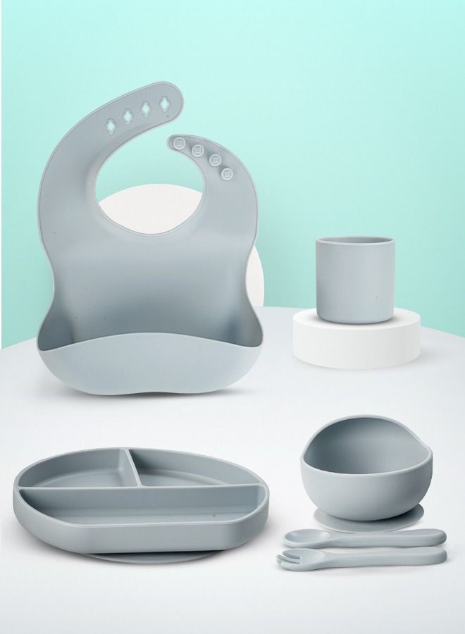 Baybee Silicone Baby Feeding Set of 6 Pcs Tableware Kit for Toddler Kids BPA Free Self Eating Utensils Dishwasher Food Grade Suction Bowl Divided Plate with Adjustable Feeding Bib/ Cup/ Spoon (Grey)