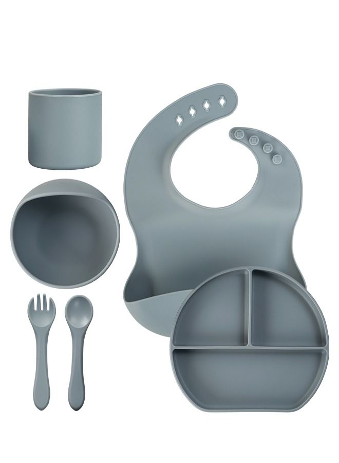 Baybee Silicone Baby Feeding Set of 6 Pcs Tableware Kit for Toddler Kids BPA Free Self Eating Utensils Dishwasher Food Grade Suction Bowl Divided Plate with Adjustable Feeding Bib/ Cup/ Spoon (Grey)