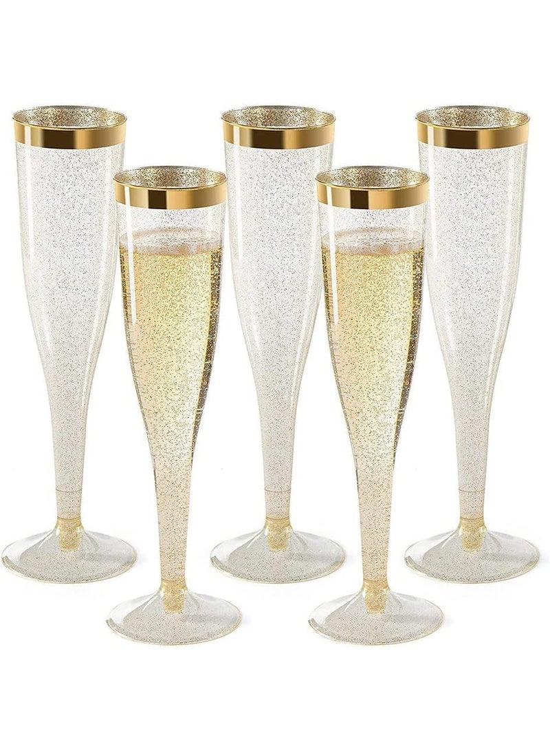 24 Pack Plastic Champagne Flutes Gold Glitter Plastic Cups 6.5 Ounce Clear Plastic tumblers, Beautiful Disposable Hard Plastic Cups with Gold Glitter, Premium Wedding Cups Elegant Party Cups