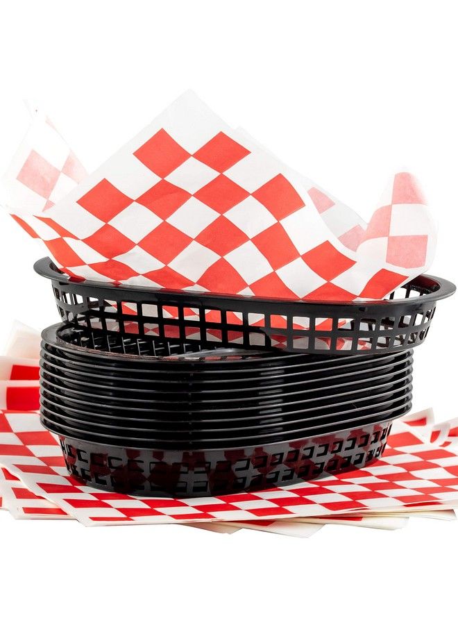 Retro Style Black Fast Food Basket (6 Pk) And Red Checkered Deli Liner (60 Pk) Combo. Classic 11 In Deli Baskets Are Microwavable And Dishwasher Safe. Disposable Deli Paper Squares For Easy Cleanup