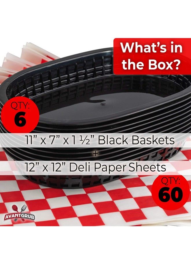 Retro Style Black Fast Food Basket (6 Pk) And Red Checkered Deli Liner (60 Pk) Combo. Classic 11 In Deli Baskets Are Microwavable And Dishwasher Safe. Disposable Deli Paper Squares For Easy Cleanup