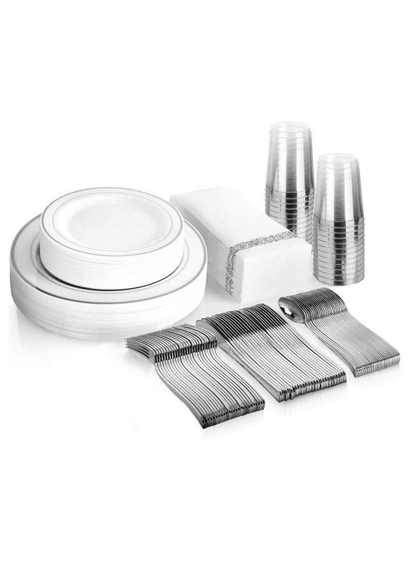 Silver Dinnerware Set 25 piece 10.25 inches Dinner plates 25 piece 7.5 inches Salad Plates 25 piece 10 oz Silver Rim Plastic cups 25 Piece Print Napkins 25 Spoons 25 Piece Forks 25 Piece Knifes