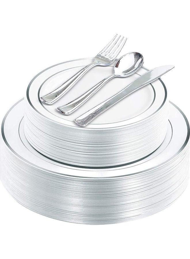 125-Piece Dinnerware Set White/Silver Plate(Large-10.25,Small-7.5), Knife-7.87, Spoon-6.89, Fork-7.4inch