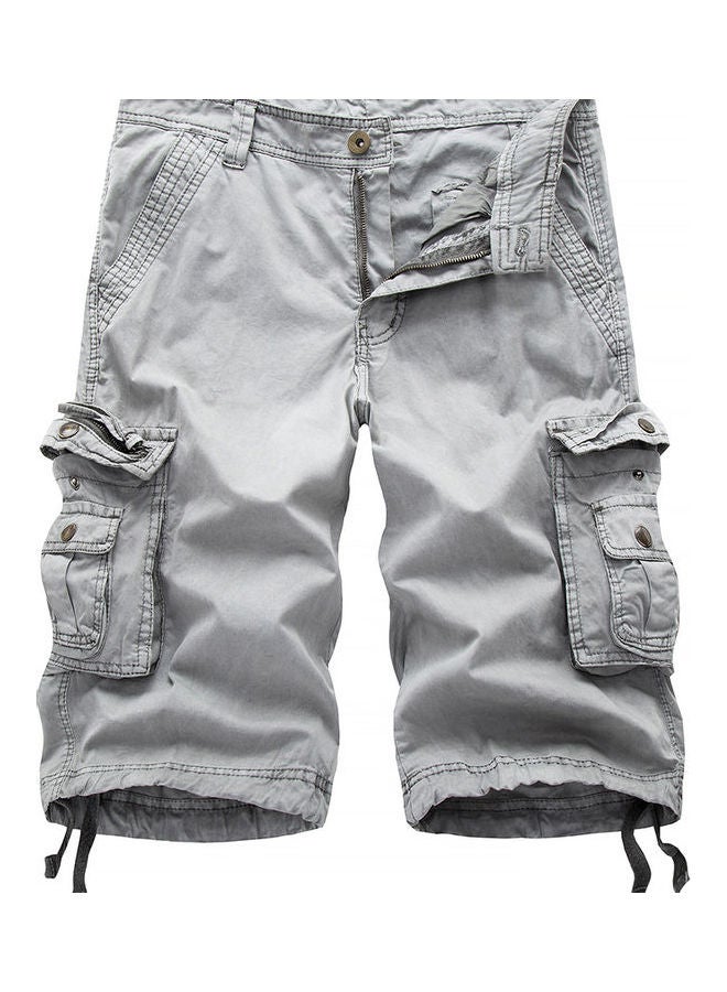 Men Casual Summer Solid Color Multi Pockets Fifth Cargo Pants Loose Beach Shorts Light Gray