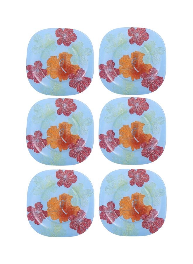 6-Piece Value Pack Hibiscus Dessert Plate Set Blue/Red/Orange 18cm