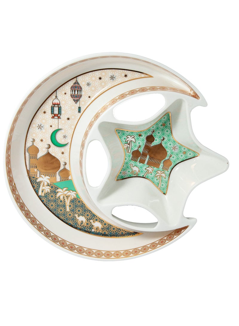 Liying Crescent Moon & Star Iftar Food Serving Tray 20CM (S), Ramadan ceramic Platters Table Decor for Breakfast Dinner Dessert Pastry Display Holder Decoration