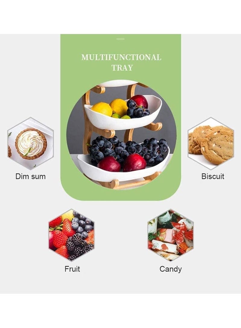 Elegant 3-Layer Ceramic Serving Bowl Fruit Tray With Bamboo Wood Rack Stand Buffet Set Party Plate Dried Fruit Nuts Cake Snacks Candy Biscuit Appetizer Plate - White