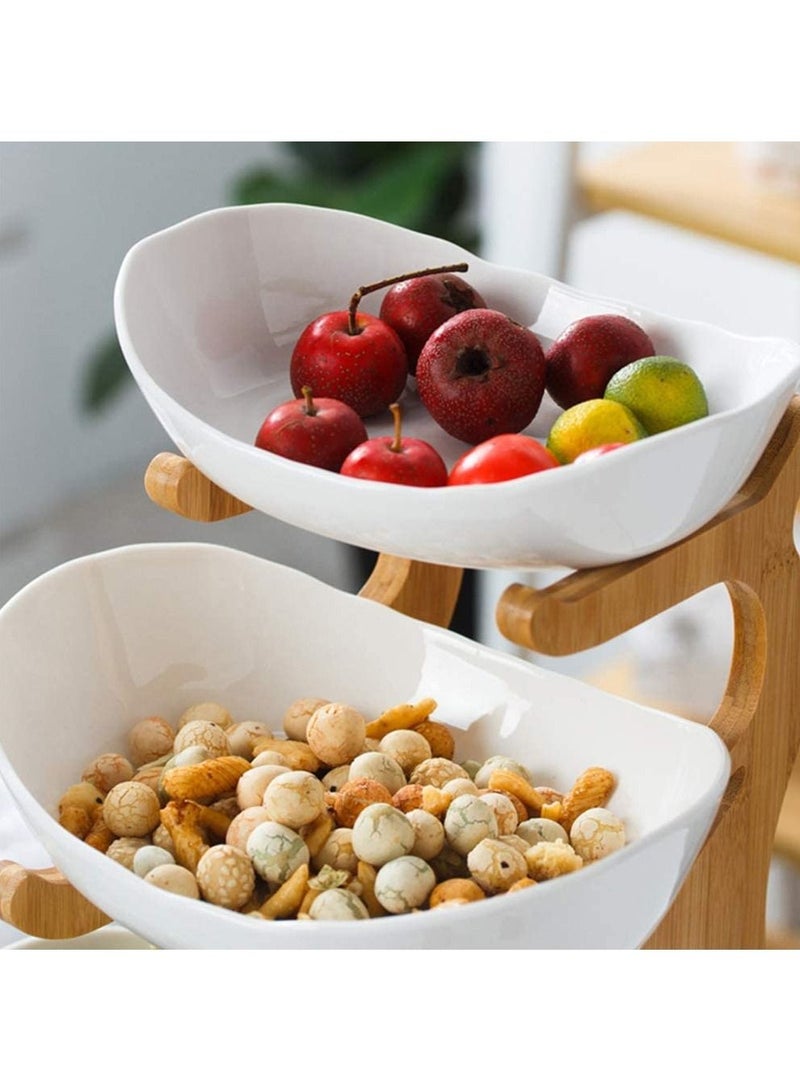Elegant 3-Layer Ceramic Serving Bowl Fruit Tray With Bamboo Wood Rack Stand Buffet Set Party Plate Dried Fruit Nuts Cake Snacks Candy Biscuit Appetizer Plate - White