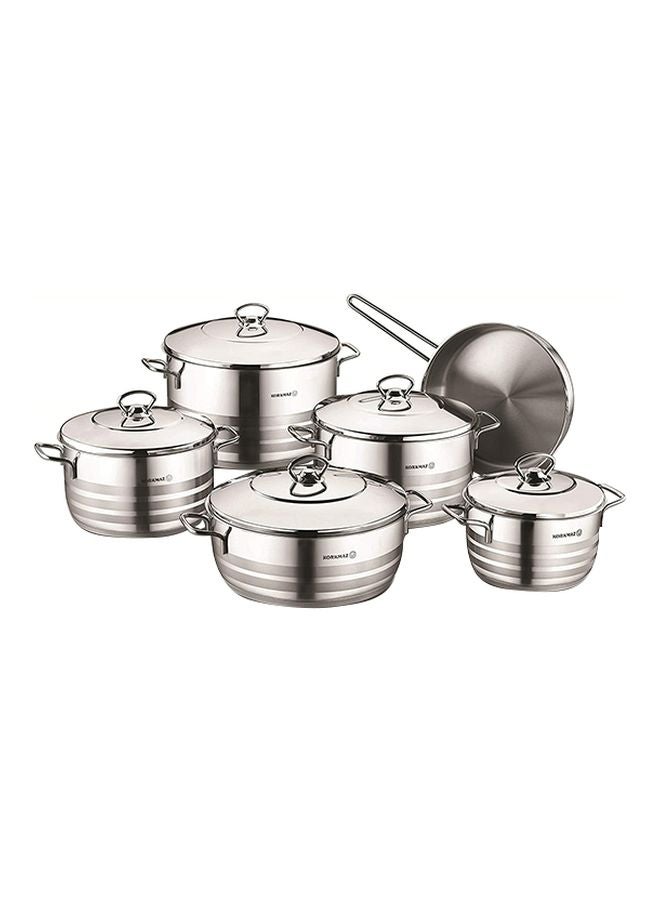 11-Piece Astra High End Cookware Set Silver Cooking Pots (2.5 Quarts, 4.5 Quarts, 5.6 Quarts, 6.6 Quarts, 10.5 Quarts), Frying Pan (9.4x2.3 inch)