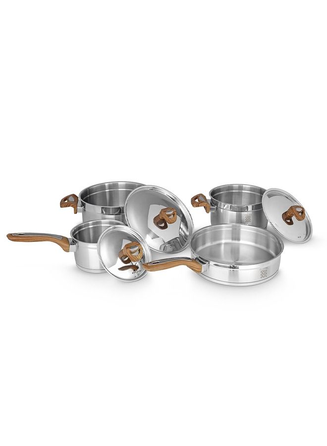 7 Pieces Stainless Steel Cookware Set, Stockpots Sauce Pan Frying Pans Glass Lids, Wooden Finish Bakelite Handles, Mirror Polished Finish, Dishwasher Safe, Compatible with Induction Cooktops, Serenk Definition Series
