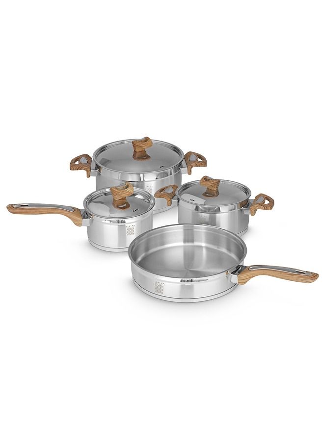 7 Pieces Stainless Steel Cookware Set, Stockpots Sauce Pan Frying Pans Glass Lids, Wooden Finish Bakelite Handles, Mirror Polished Finish, Dishwasher Safe, Compatible with Induction Cooktops, Serenk Definition Series