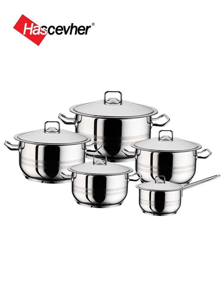 Hascevher Gastro Stainless Steel Cooking Pot 10pc Set With Lid