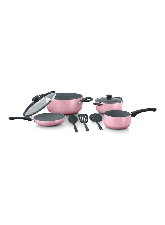 9-Piece Granite Coated Aluminum Cookware Set (DGAN 9P - Pink), Non-Stick, Tempered Glass Lids, Even Heat Distribution, Scratch-Resistant, Includes 24cm & 20cm Sauce Pans, 24cm Fry Pan, 14cm Milk Pan, 3 Spatulas Pink/Grey