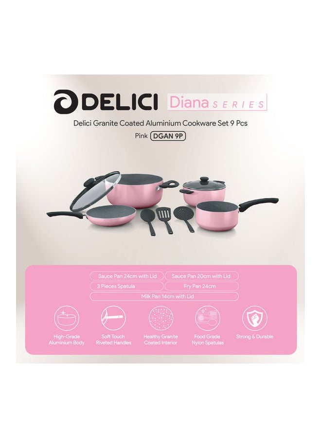 9-Piece Granite Coated Aluminum Cookware Set (DGAN 9P - Pink), Non-Stick, Tempered Glass Lids, Even Heat Distribution, Scratch-Resistant, Includes 24cm & 20cm Sauce Pans, 24cm Fry Pan, 14cm Milk Pan, 3 Spatulas Pink/Grey