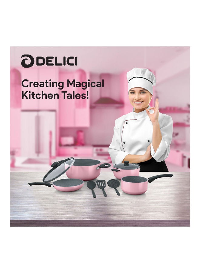 9-Piece Granite Coated Aluminum Cookware Set (DGAN 9P - Pink), Non-Stick, Tempered Glass Lids, Even Heat Distribution, Scratch-Resistant, Includes 24cm & 20cm Sauce Pans, 24cm Fry Pan, 14cm Milk Pan, 3 Spatulas Pink/Grey