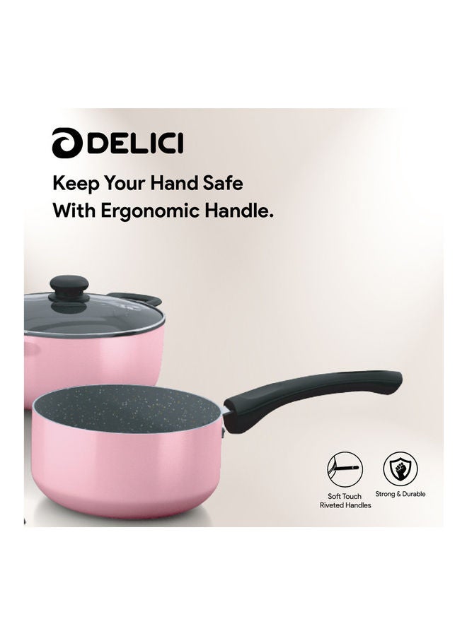 9-Piece Granite Coated Aluminum Cookware Set (DGAN 9P - Pink), Non-Stick, Tempered Glass Lids, Even Heat Distribution, Scratch-Resistant, Includes 24cm & 20cm Sauce Pans, 24cm Fry Pan, 14cm Milk Pan, 3 Spatulas Pink/Grey