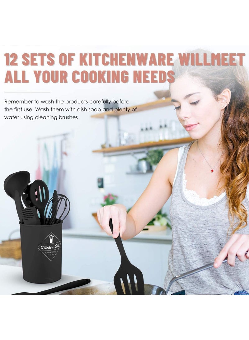12-piece Silicone Kitchen Utensils Set, Non-stick Cookware Is Heat-resistant, BPA-free, Stirring Kitchen Tool Set (Black)