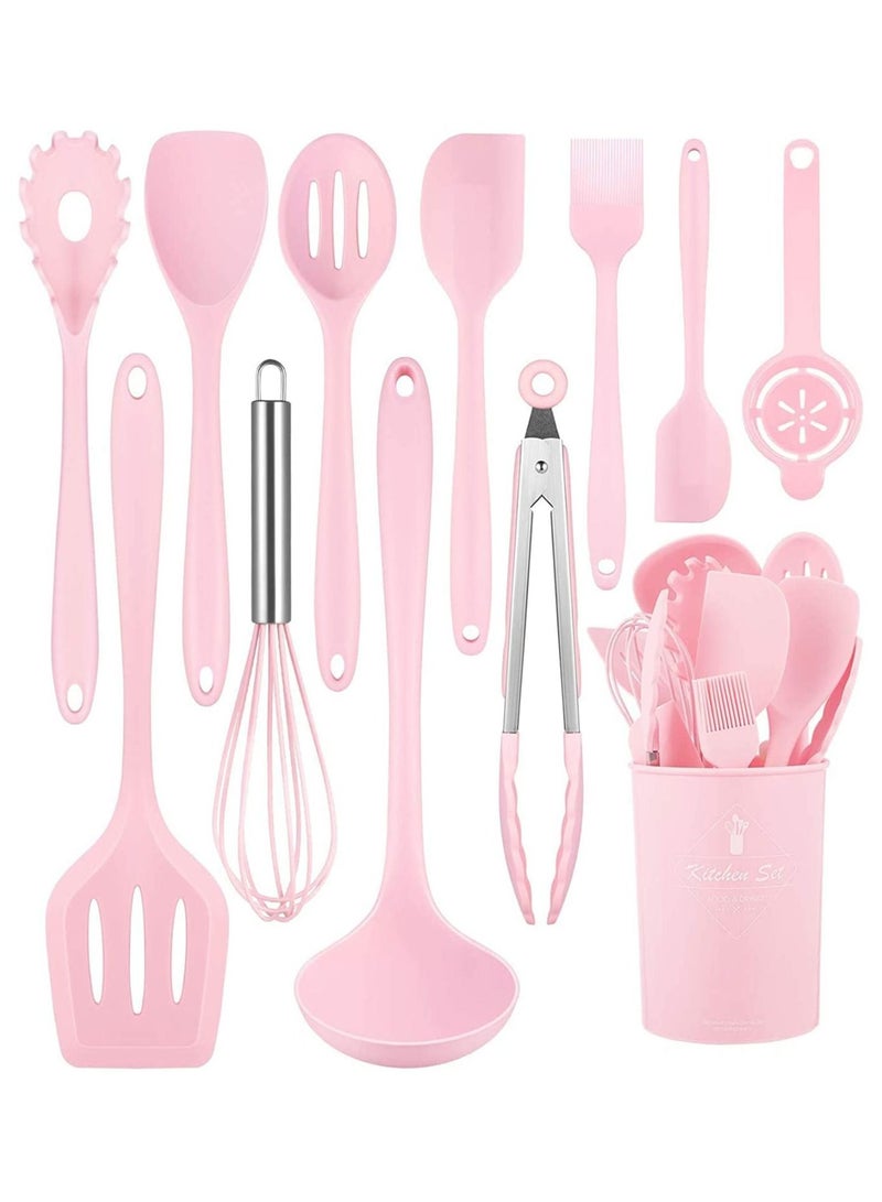 Silicone Cookware Set - 12 Piece Kitchen Accessories with Stainless Steel Handles, BPA Free Non-Toxic & Heat Resistant Silicone Spatula Utensils for Non-Stick Cooking, Pink
