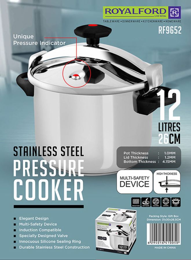 Stainless Steel 12Liters Pressure Cooker with Pressure Release System Silver 12Liters