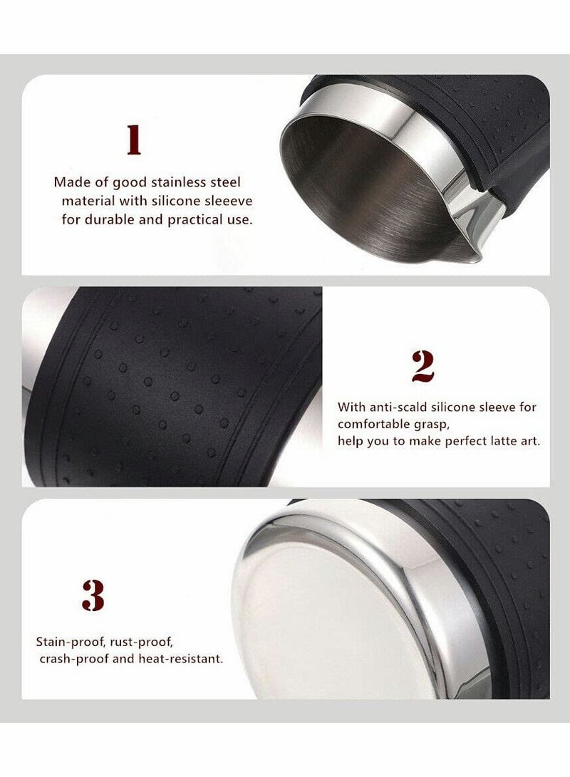 Espresso Milk Frothing Pitcher, Stainless Steel Milk Frothing Pitcher 12OZ/350ML Coffee Milk Frother Cup With Heat Resistant Silicone Grip Pads for Espresso Machine, Milk Frother, Latte Art (Silver)
