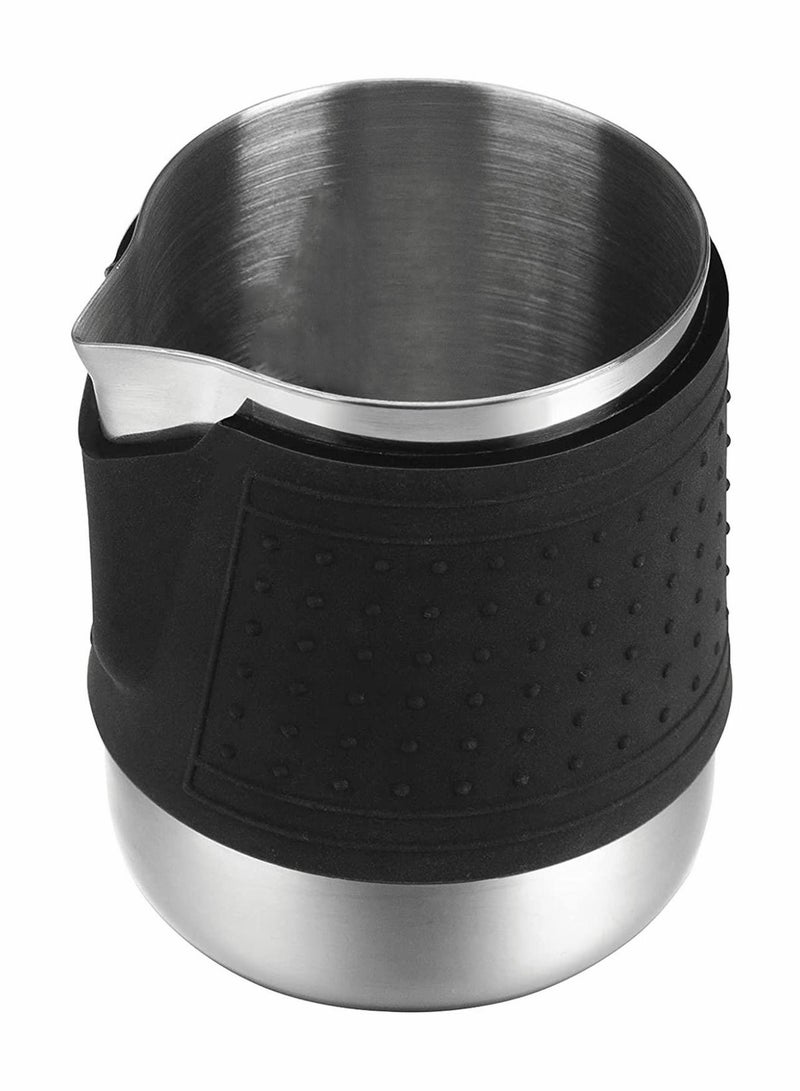 Espresso Milk Frothing Pitcher, Stainless Steel Milk Frothing Pitcher 12OZ/350ML Coffee Milk Frother Cup With Heat Resistant Silicone Grip Pads for Espresso Machine, Milk Frother, Latte Art (Silver)