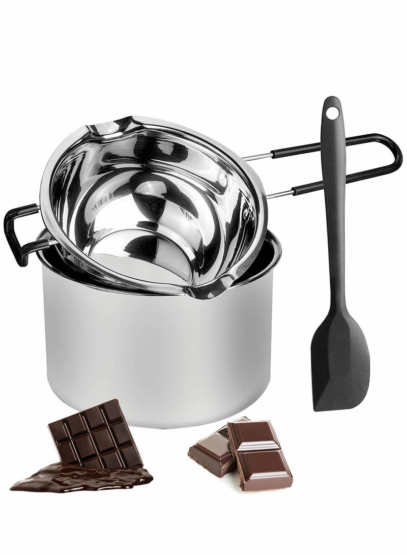 Double Boiler Pot Set 2 Packs Stainless Steel Melting with Silicone Spatula for Chocolate, Soap, Wax, Candle Making (600ml and 1600ml)