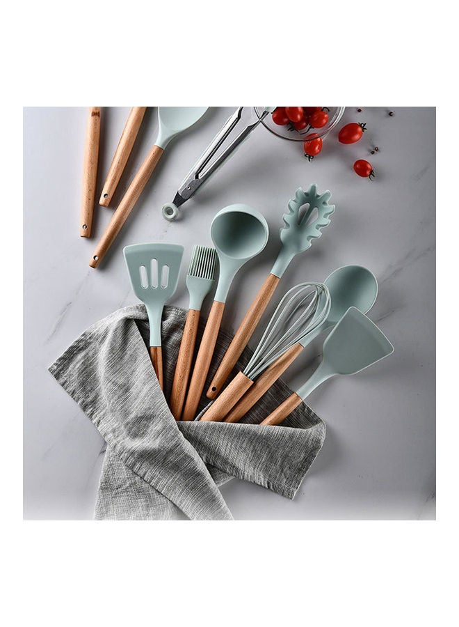 11-Piece Wooden Handle Bucket Cookware Spoon Set Mint Green