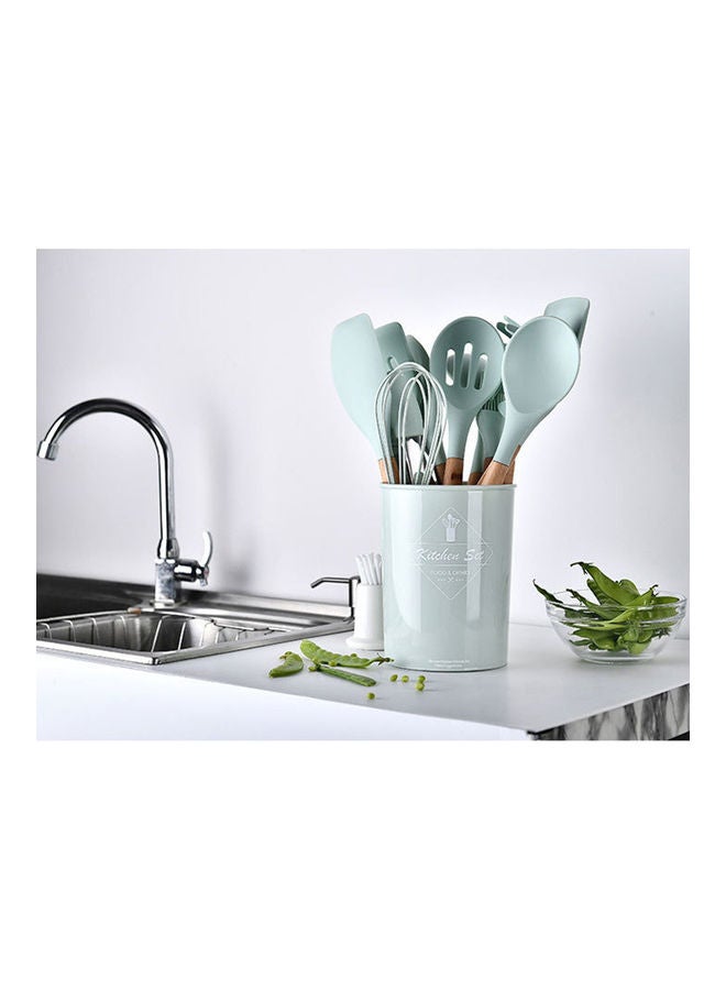 11-Piece Wooden Handle Bucket Cookware Spoon Set Mint Green
