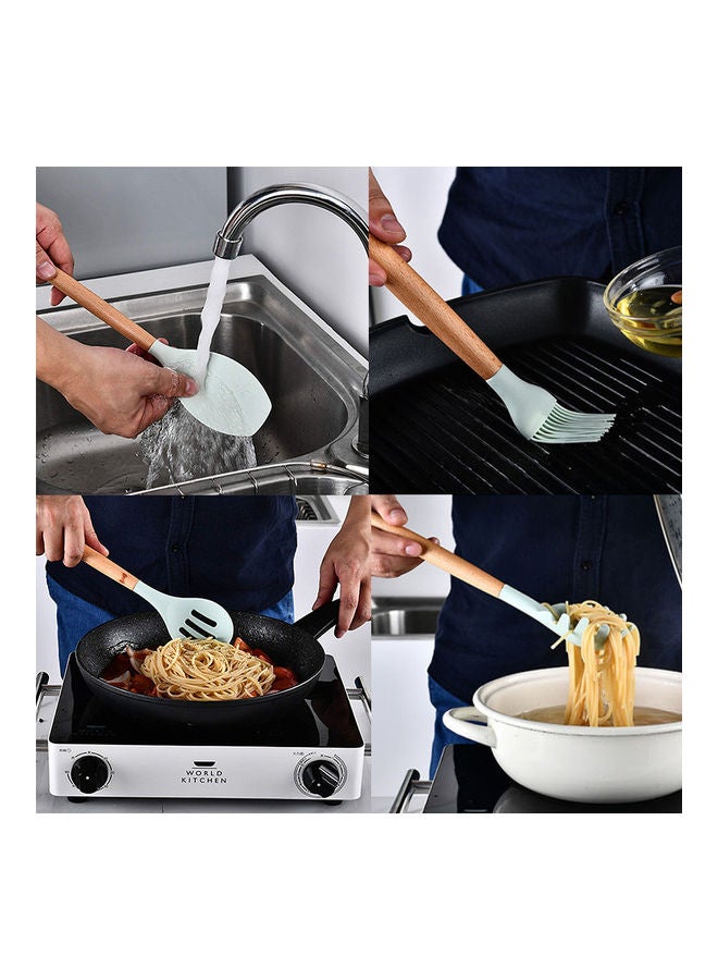 11-Piece Wooden Handle Bucket Cookware Spoon Set Mint Green