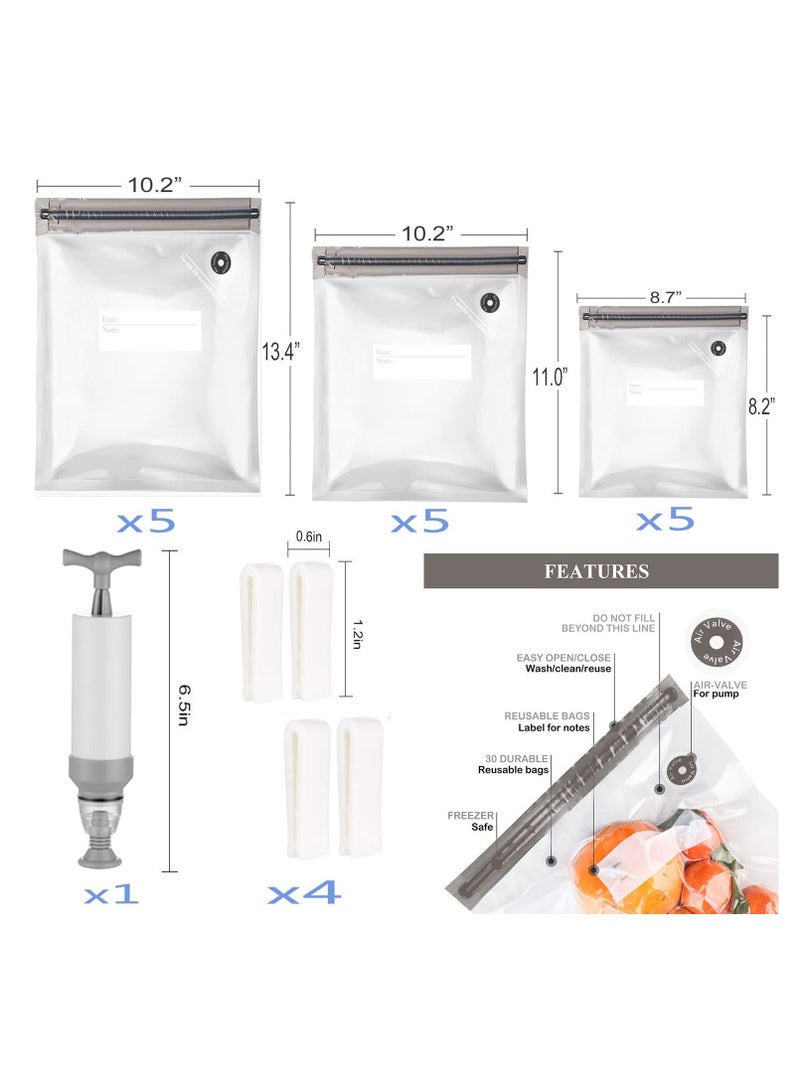 Food Vacuum Compression Bags Airtight Suction Bags Reusable Ziploc Bags with 3 Sizes Vacuum Food Bags 1 Hand Pump 5 Sealing Clips for Food Storage Sous-Vide(21Pieces)