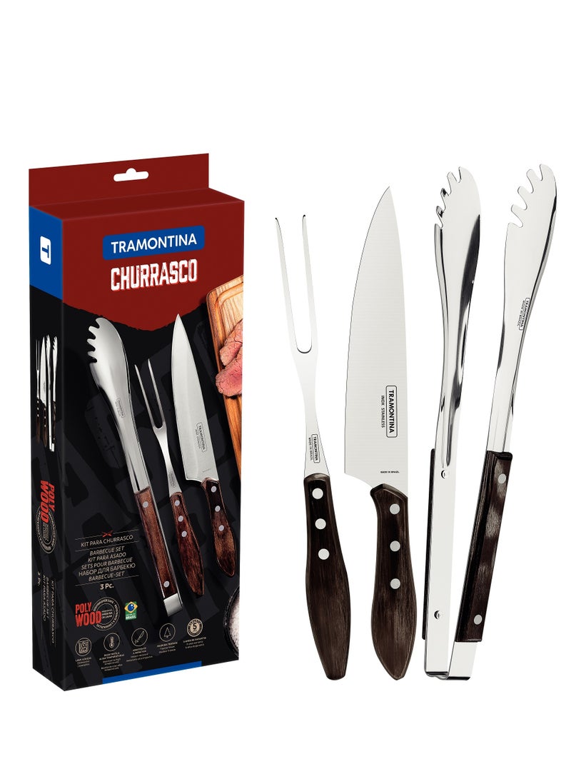Since 1911,Made in Brazil- Churrasco 3 Pieces Stainless Steel Barbecue Utensil Set with Treated Brown Polywood Handles