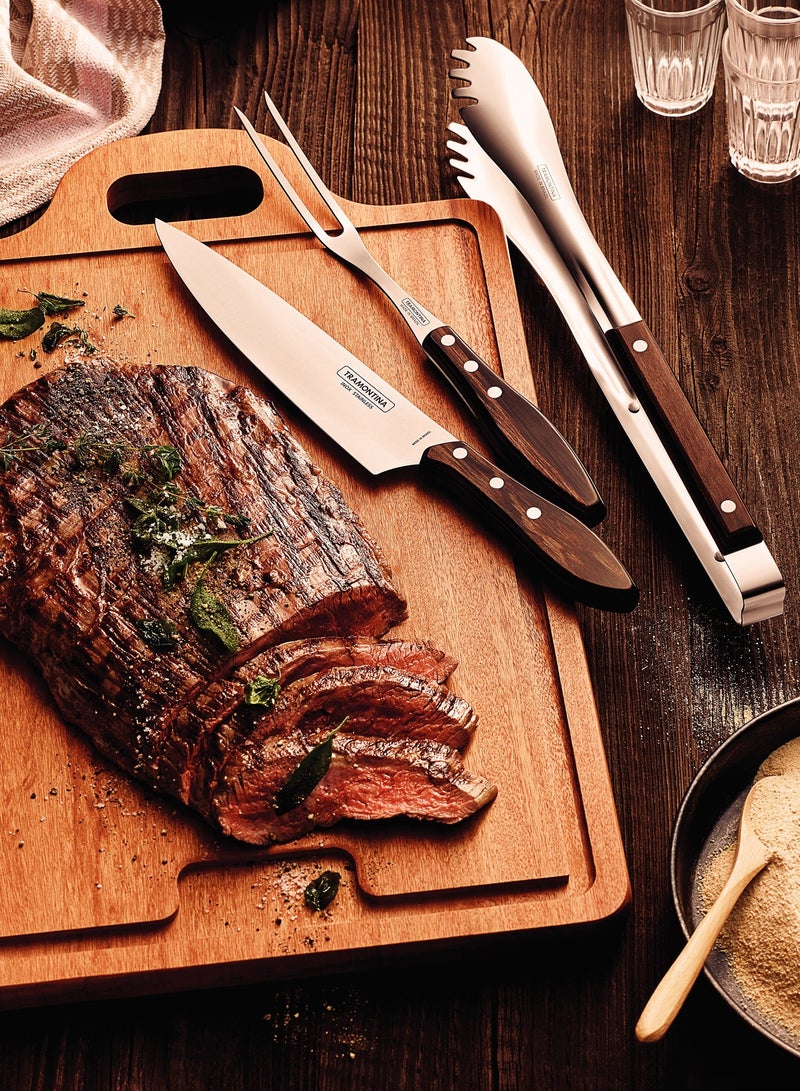 Since 1911,Made in Brazil- Churrasco 3 Pieces Stainless Steel Barbecue Utensil Set with Treated Brown Polywood Handles
