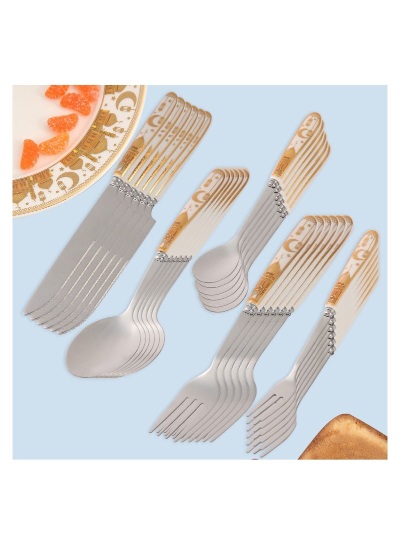 Ramadan Design 25-Piece Silverware Set Ceramic Handle ,Flatware Utensil Cutlery Set for 6 each size , Food Grade Stainless Steel Tableware Includes Knife ，Spoons and Forks Set, Mirror Polished, Dishwa