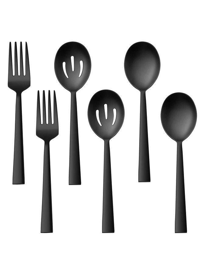 Matte Black Serving Utensils Set Of 6 Efar Stainless Steel 8.7 Inch Hostess Serving Set With Square Edge Metal Serving Slotted Spoons Forks For Party Buffet Catering Dishwasher Safe