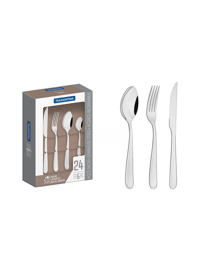 Angra 24 Pieces Stainless Steel Flatware Set with Steak Knife and Mirror Finish and Detailing on the Handles Silver 24cm