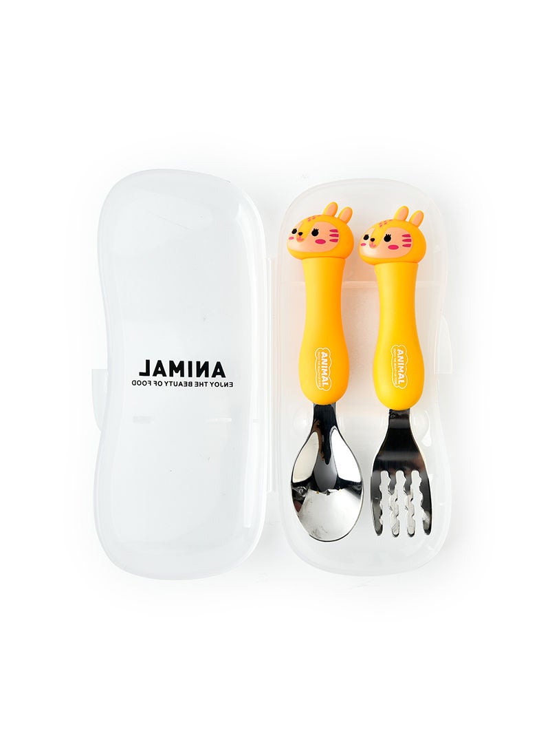 2-Piece Toddler Utensils Spoon And Folk Set With Travel Case Yellow 17.5x3x8cm
