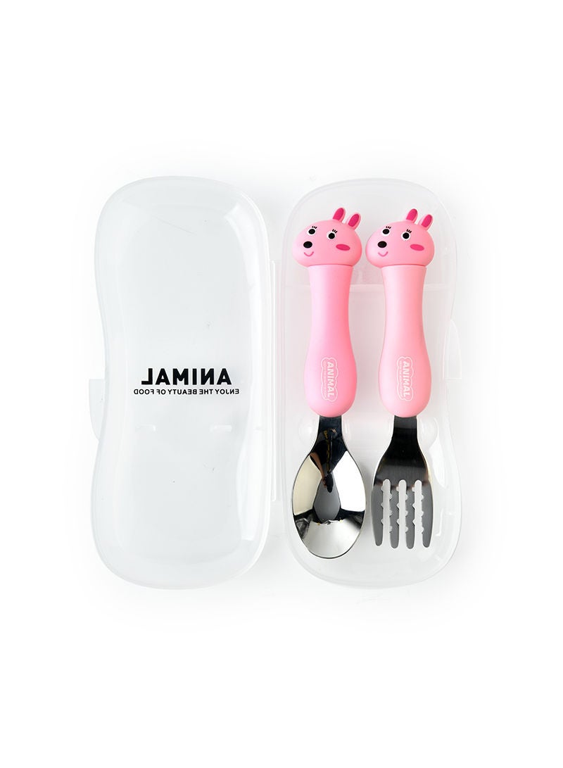 2-Piece Toddler Utensils Spoon And Folk Set With Travel Case Pink 17.5x3x8cm