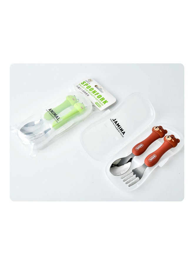 2-Piece Kids Spoon And Fork With Travel Case Green 17.5x3x8cm