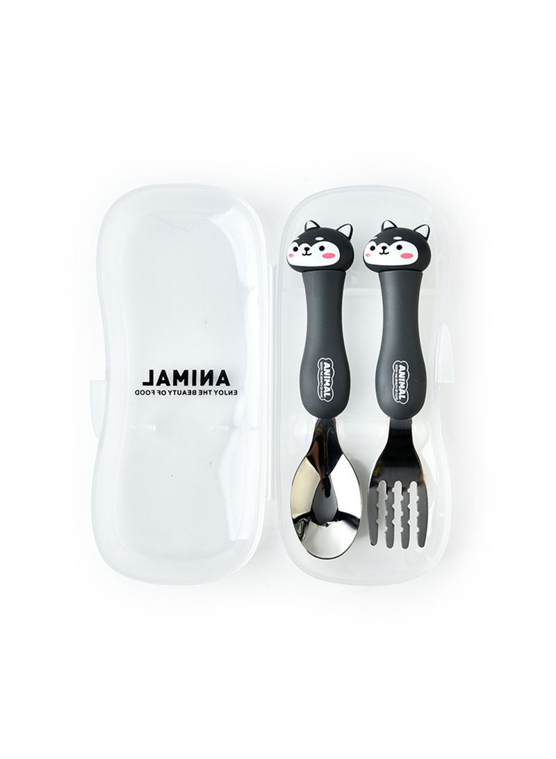 2-Piece Toddler Utensils Spoon And Folk Set With Travel Case Black 17.5x3x8cm