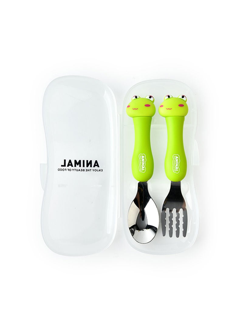 2-Piece Toddler Utensils Spoon And Folk Set With Travel Case Green 17.5x3x8cm