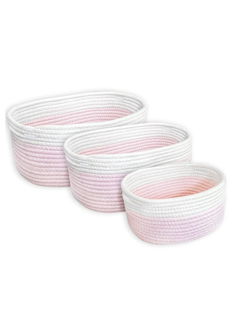 FCG Home - Rope Woven Storage Baskets Set of 3 - Small Rope Baskets for Shelves Bathroom, Nursery Organizer Bins for Baby Toys (Pink & White)