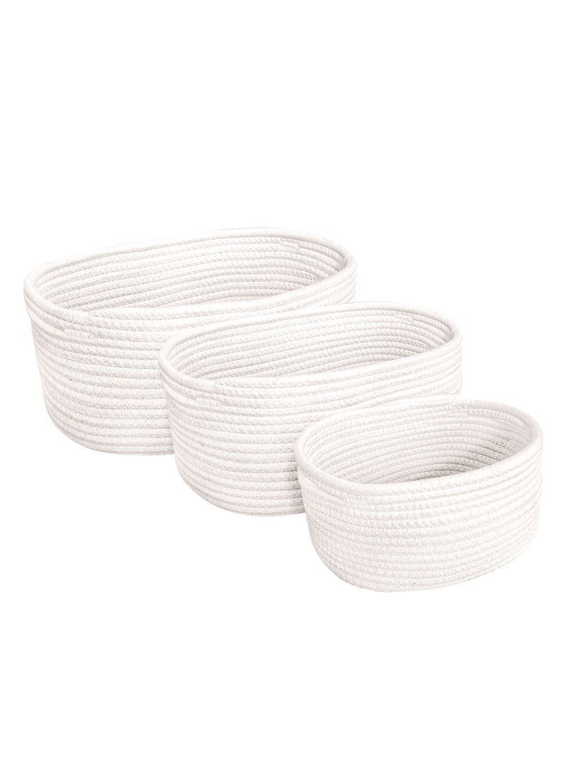FCG Home - Rope Woven Storage Baskets Set of 3 - Small Rope Baskets for Shelves Bathroom, Nursery Organizer Bins for Baby Toys (White)