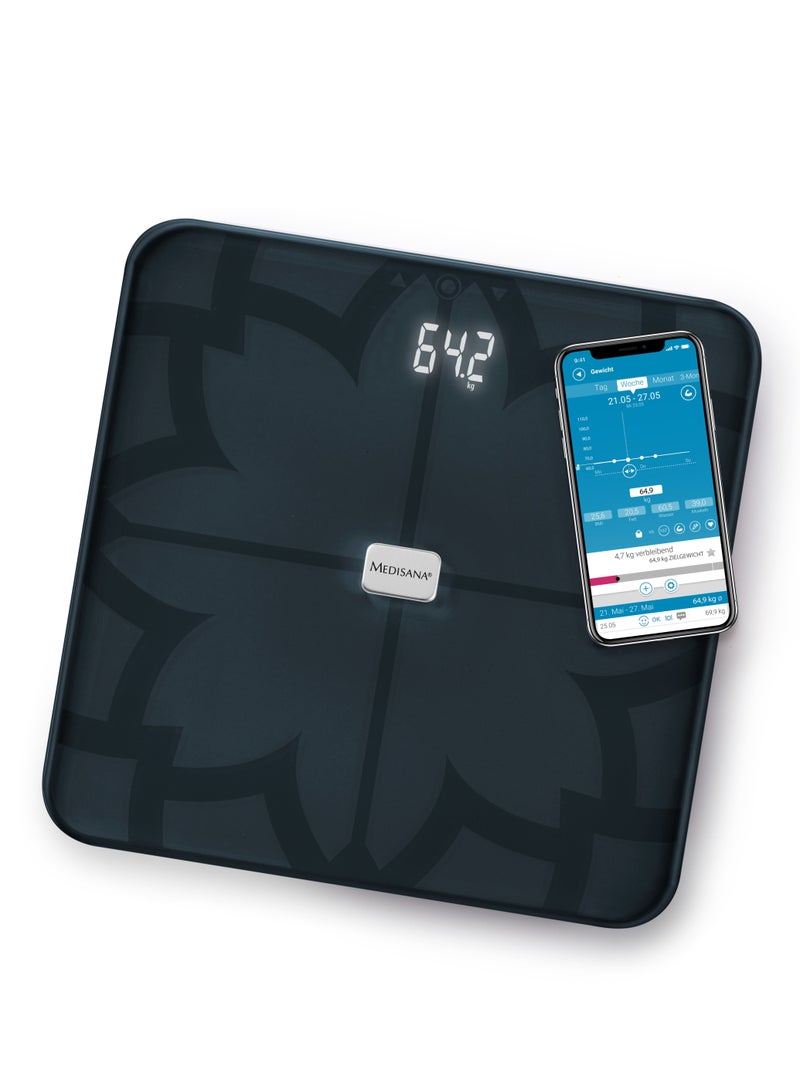 medisana BS 450 connect, digital body analysis scale 180 kg / 396 lbs black personal scale for measuring body fat, body water, muscle mass and bone weight, body fat scale with body analysis app