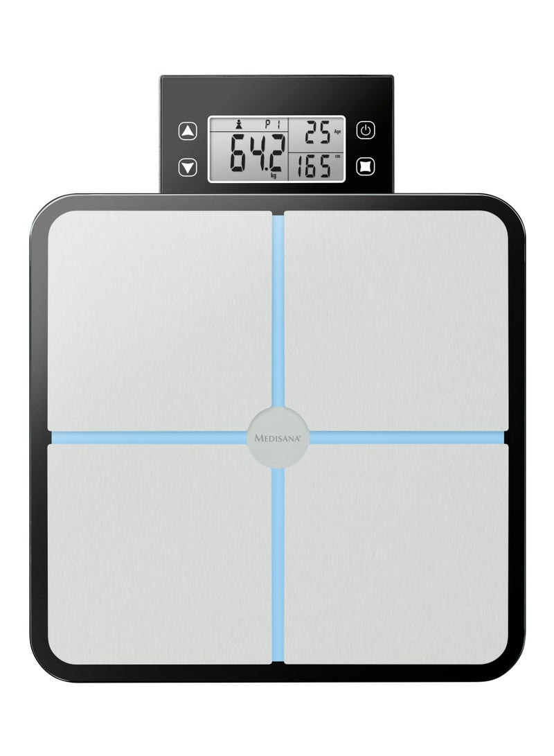medisana BS 460, digital body analysis scale 180 kg / 396 lbs personal scale for measuring body fat, body water, muscle mass and bone weight, body fat scale with removable LCD display