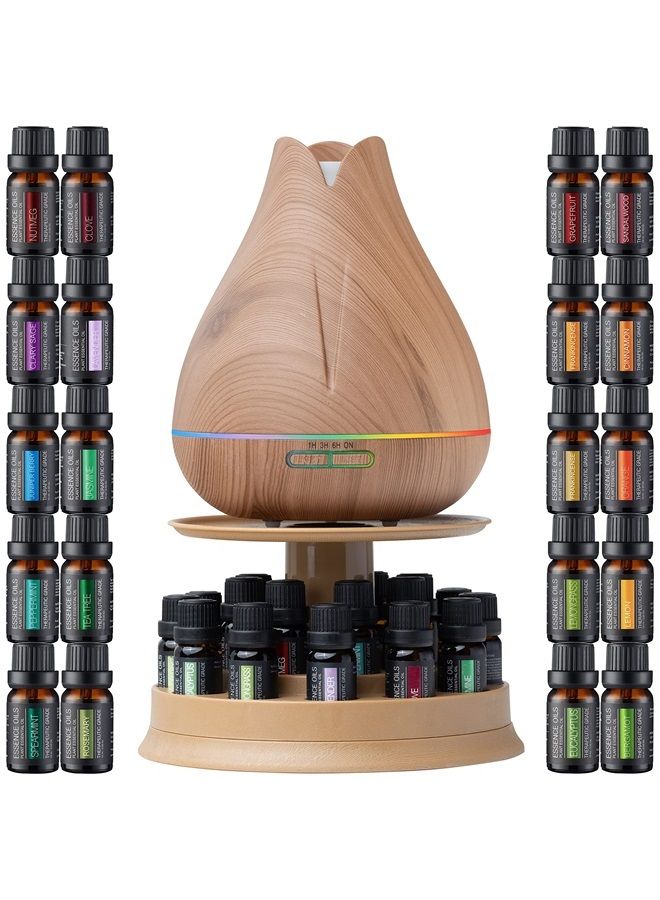 Aromatherapy Essential Oil Diffuser Gift Set with 20 Oils and Rotating Display Stand - 400ml Ultrasonic Diffuser with 20 Essential Plant Oils - 4 Timer & 7 Ambient Light Settings