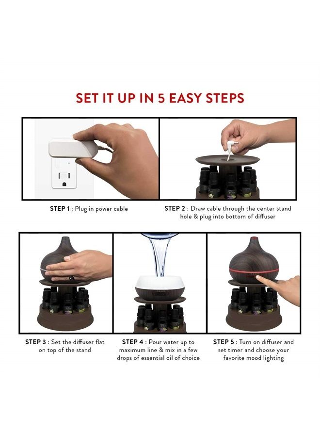 Ultimate Aromatherapy Diffuser & Essential Oil Set - Ultrasonic Diffuser & Top 10 Essential Oils - 300ml Diffuser w/ 4 Timer & 7 Ambient Light Settings - Therapeutic Essential Oils - Dark Oak w/Stand