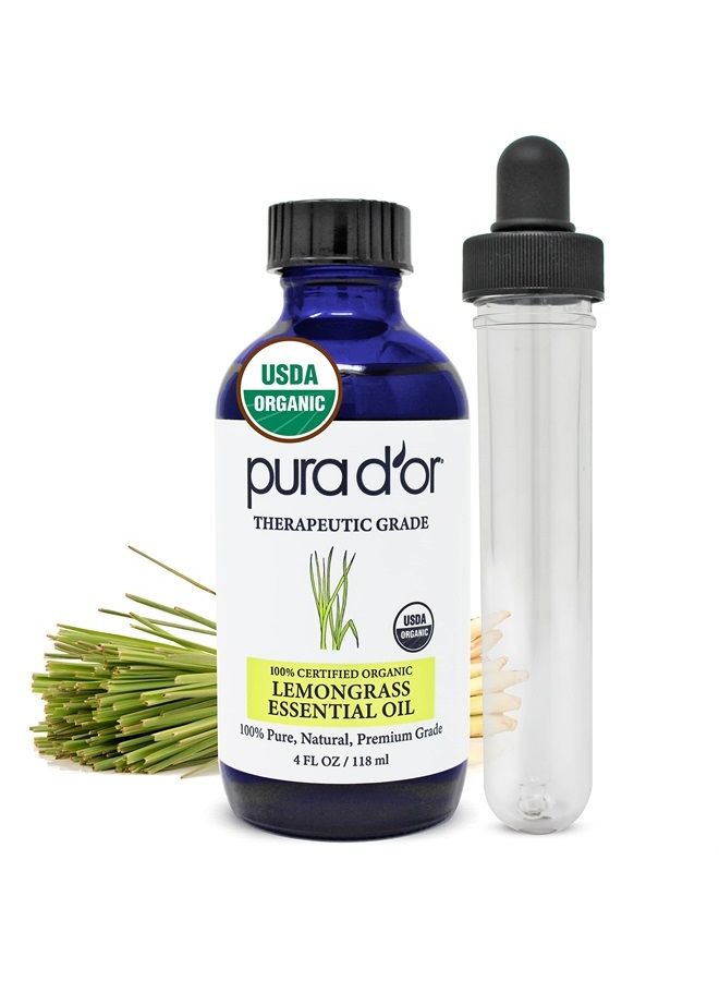 Organic Lemongrass Essential Oil (4oz with Glass Dropper) 100% Pure & Natural Therapeutic Grade for Hair, Body, Skin, Aromatherapy Diffuser, Relaxation, Massage, Vitality, Home, DIY Soap